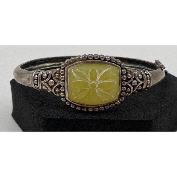A925 Sterling Silver Yellow Stone Carved Flower Hinged Bangle Cuff Bracelet 7.5" - Picture 1 of 6